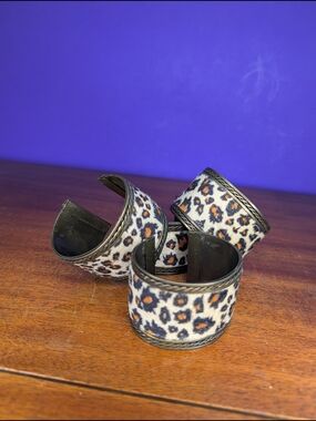 Vintage Brass Leopard Print Faux Leather Wide Stacked Cuff Bracelets Set 4